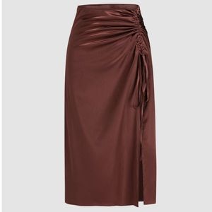 NWT Satin Brown Drawstring Midi Skirt - M
